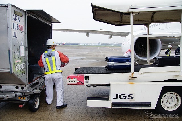 乗客の手荷物がコンテナに納められた状態で到着。すぐに積み込みを開始。