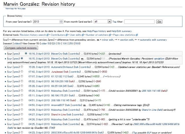 同選手のwiki（英語版）編集履歴。4月3日以降40回近い更新が行われた