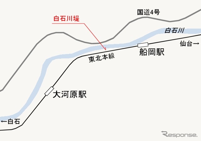 東北本線の大河原～船岡間。車窓から白石川堤のサクラが見える。