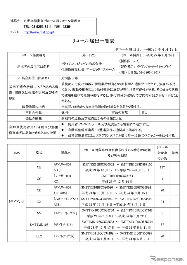 リコール届け出一覧