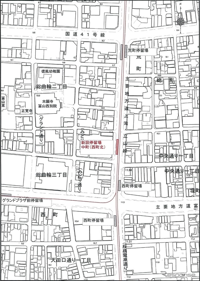 西町～荒町間に設置される中町（西町北）停留場の位置。西町停留場の南富山方面行きホームから50mほどしか離れておらず、乗り換え利便性の向上が図られる。