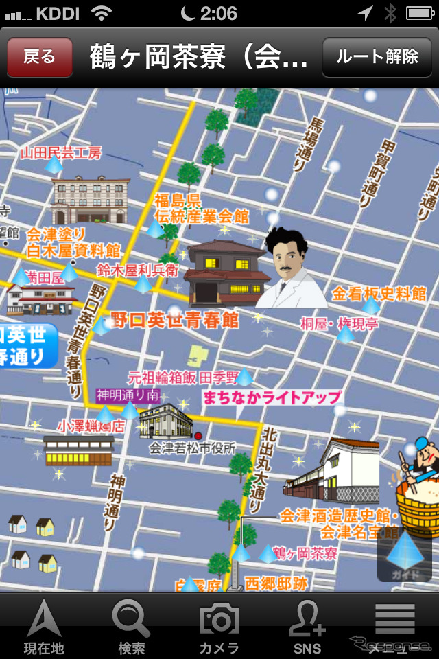 夜表示に切り替えると施設の窓に明かりが灯ったり、イルミ風のアイコンがきらめいたりする
