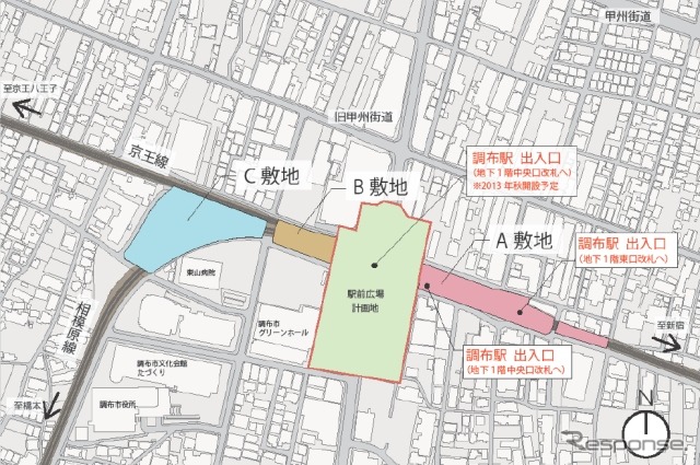 調布駅周辺に整備する複合商業施設の位置。地下化によって空いた地上の線路敷地を活用する。
