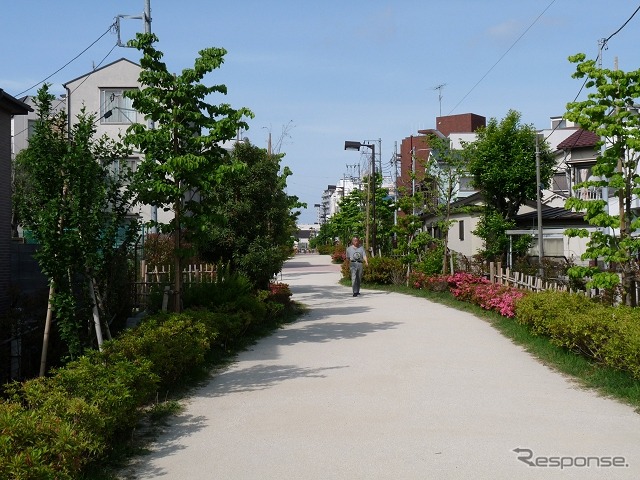 地下化による線路敷地活用策の一例。東急目黒線の地下化では武蔵小山駅の地上駅跡地に複合商業施設を整備した。駅の前後には遊歩道も整備されている。