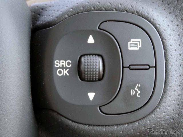 ステアリングスイッチの右側。「SRC」はオーディオのソース切換。その右側二つはダミーとなる