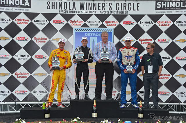 デトロイトのベル・アイル戦、レース1の表彰台。ホンダ勢が1-3。写真:IndyCar