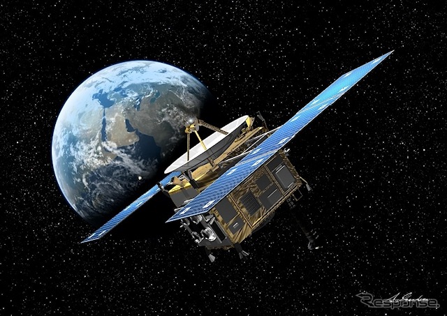 小惑星探査機「はやぶさ」。このイラストは、世界中が泣いた、地球が半分だけ写った大気圏再突入直前の地球ラストショットのタイミングをイメージしたもの。