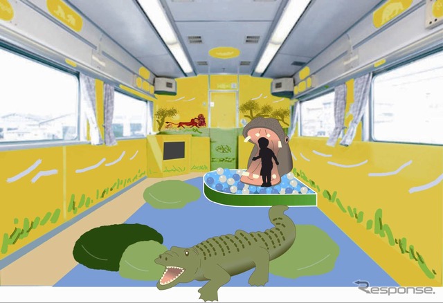 1号車のカーペット敷きフリースペース「モグモグコーナー」もリニューアル。動物園のDVDや絵本も設置されている。