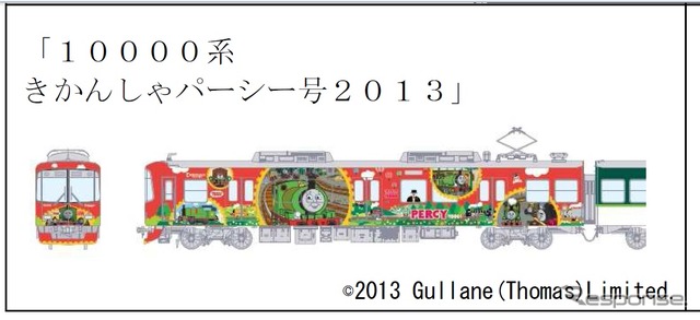 「きかんしゃパーシー号2013」のイメージ。編成両端の2両にラッピングを施す。
