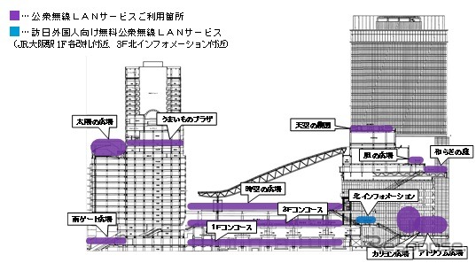 公衆無線LANサービスの利用可能場所の位置。