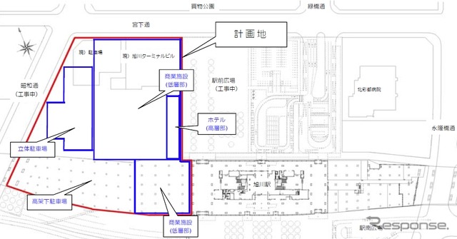 旭川ターミナルビルの平面図。旭川駅の北西側に建設される。駅西側の高架下にもターミナルビルの施設が整備される。