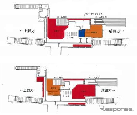 移設前（下）と移設後（上）の平面図。移設後の改札窓口は京成成田方に設けられる。