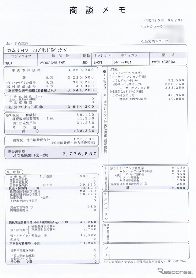 カムリ ハイブリッドGパッケージの計算書。あっさりと350万円以下が提示された