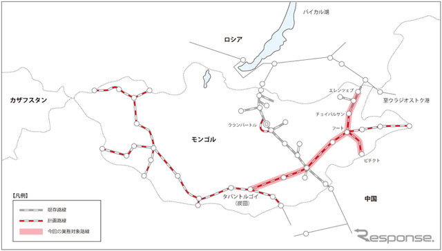 モンゴル鉄道計画の路線図。日本工営はタバントルゴイ~チョイバルサン間など1600kmのコンサルタント業務を行う。