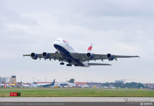 A380、トゥールースからヒースローへの離陸
