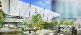 八重洲口駅前広場の完成予想イメージ。換気塔の壁面緑化を行う。