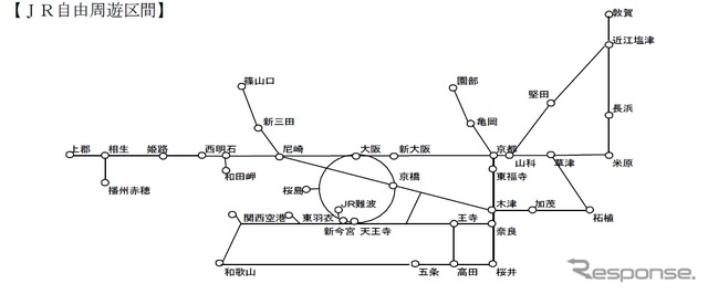 「夏の関西1デイパス」のJR線フリー区間。関西圏の普通列車が1日乗り放題となる。
