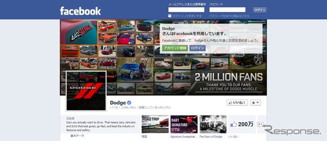 クライスラーグループの「ダッジ」ブランドの公式Facebookページ