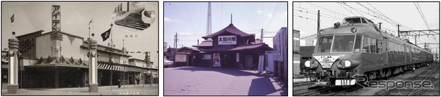 在りし日の常滑線。左から1927年頃の神宮前駅、1971年頃の太田川駅、1979年頃の常滑駅付近を走るパノラマカー。