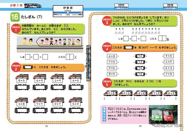 「小田急電車ドリル・小学1年」中面のイメージ。小田急と関係が深い大山ケーブルカーに関する解説もある。