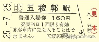 記念入場券はB型硬券とD型硬券の各1枚をセットにして発売する。画像は五稜郭駅のB型硬券。