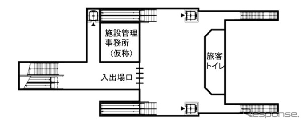 地下2階部分の平面図。高架中間駅と同様、切符売場のスペースは設けられない。