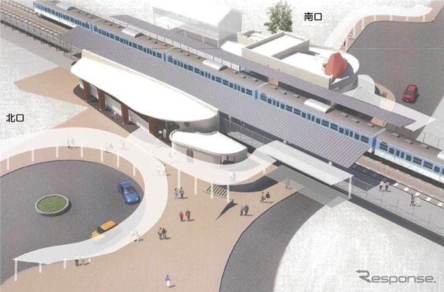塩崎駅の新駅舎のイメージ。駅の南北両側に建設される。