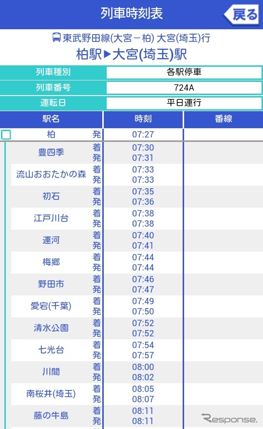 発車時刻の数字をタッチすると、その列車の時刻表が表示される。