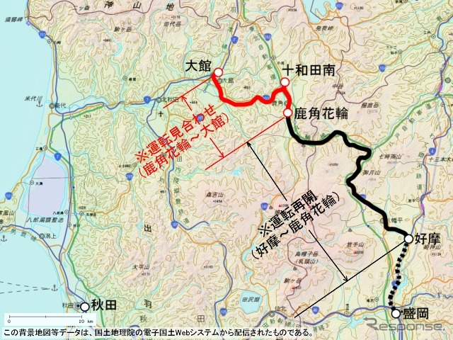 花輪線は8月9日の大雨で鹿角花輪~大館間が運休中。19日から代行輸送を実施する。