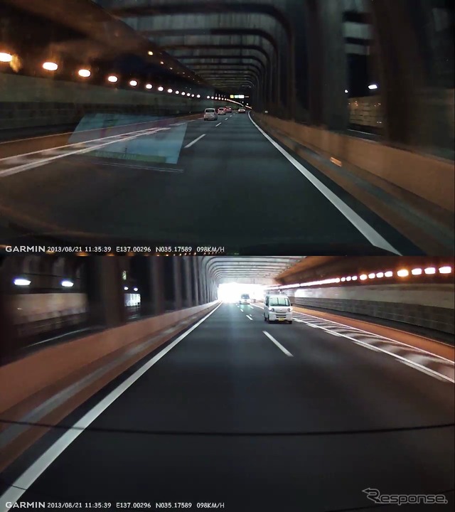トンネル内。夜間と同じように画質の劣化は最低限に抑えられている。
