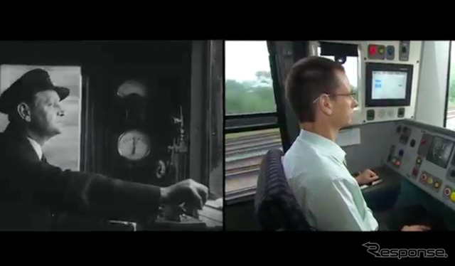 前面展望による車窓は意外と小幅な変化にとどまっていたが、乗客の服装や改札の自動化など大きく変化した部分も多い。画像は60年前（左）と現在（右）の運転席の様子。