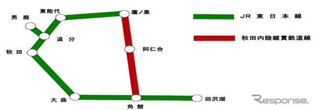 「秋田わくわくパス」のフリーエリア。「秋田・津軽由遊パス」に比べ利用できる範囲が狭い。