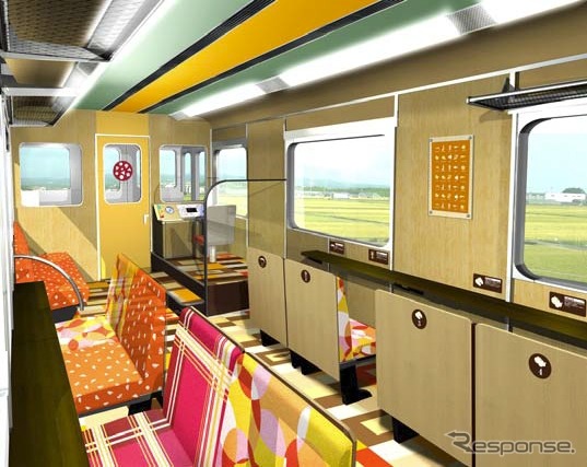 『つどい』の車両は座席とテーブルを窓向きに配置し、沿線の景色を眺められるようにする。