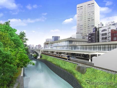 改良工事完了後の御茶ノ水駅のイメージ。線路の上方空間に御茶ノ水橋口と聖橋口を結ぶ人工地盤を設ける。