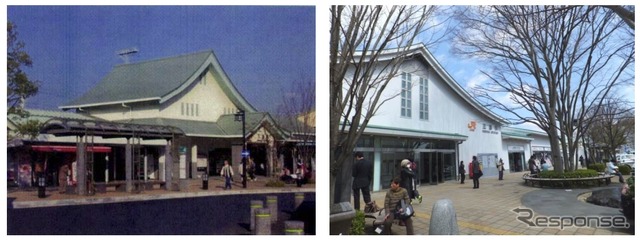 1934年の開業時に設置された南口の旧駅舎(左)と、今回工事が完了した新駅舎(右)。富士山の屋根をイメージしたとされる緩やかなカーブの屋根は新駅舎でも採用された。