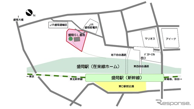 盛岡駅構内西口に建設される「SL車両基地」の位置。在来線ホーム仙台方の南西側に設置される。