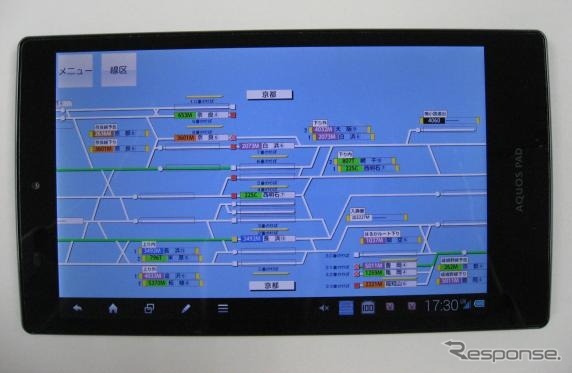 駅員が使用するタブレット端末の画面イメージ。列車の走行位置などが確認できるようにする。