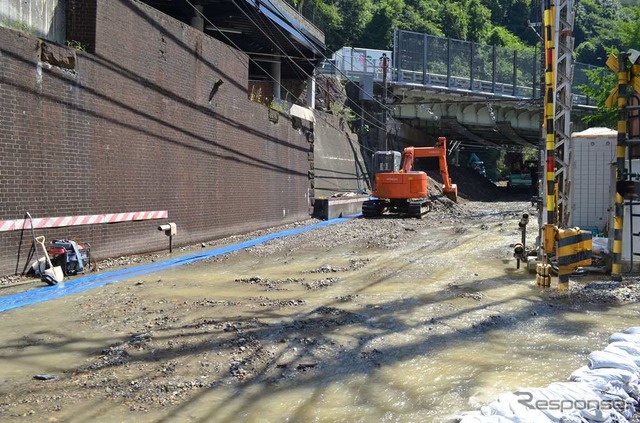 京津線と国道1号の交差部の状況（上栄町駅側から）。軌道が土砂に埋もれてレールが見えない。