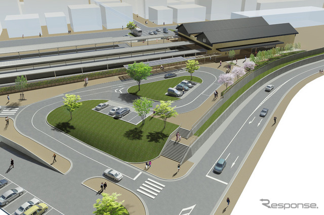 修善寺駅北口の完成イメージ。新駅舎全体が完成するのは2014年8月の予定。