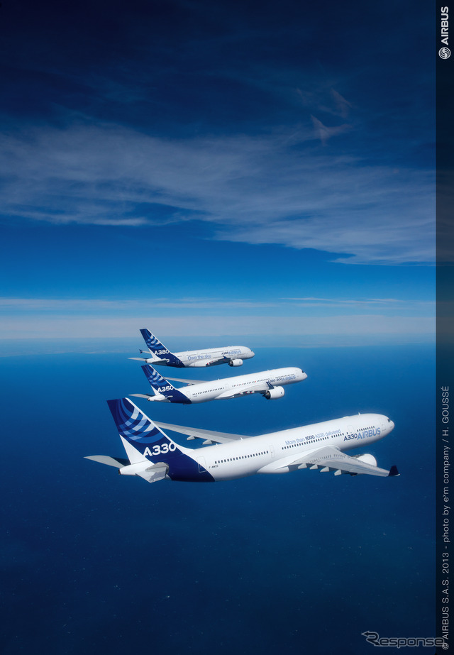 初の編隊飛行を行うA350 XWBとA330、A380