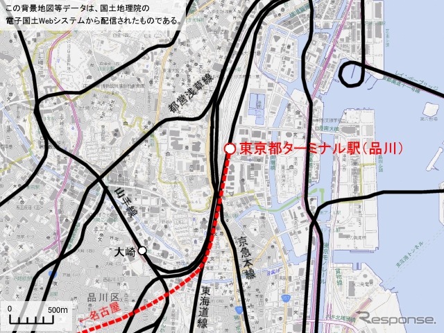 起点の東京都ターミナル駅は品川駅の地下に設置される。