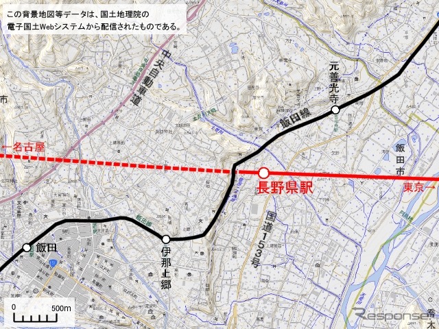 長野県駅は飯田線との交差部の手前に設けられる。飯田線に中央新幹線連絡用の新駅を整備することも考えられている。