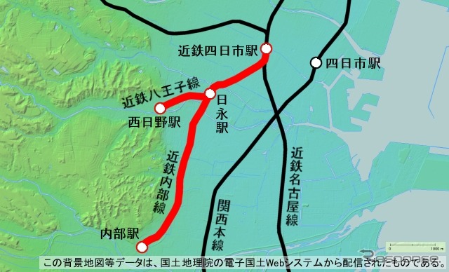 近鉄内部・八王子線の路線図。近鉄四日市~内部間の内部線と日永~西日野間の八王子線で構成される。