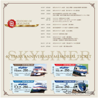 京成電鉄が10月6日から発売する「スカイライナー形車両運行開始40周年記念乗車券」。歴代車両をデザインした硬券4枚がセットになっている