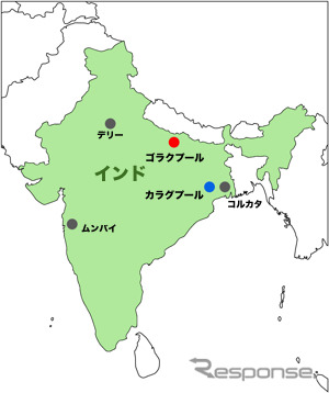 インド・ウッタルプラデシュ州ゴラクプールに長さ1.3kmを超す世界最長ホームが誕生（地図中の赤丸）