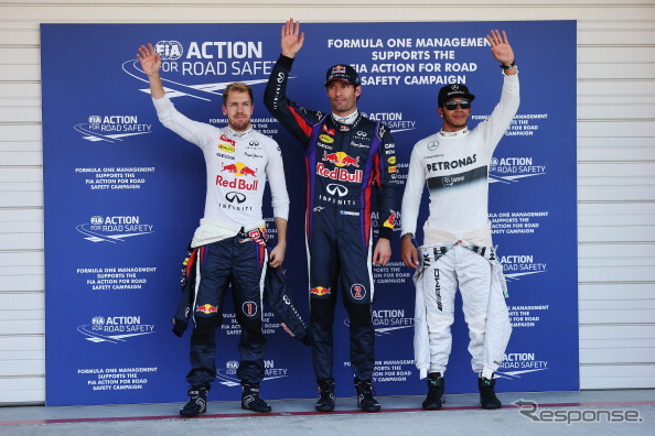右から、セバスチャン・ベッテル、マーク・ウェバー、ルイス・ハミルトン(F1 日本GP 2013)