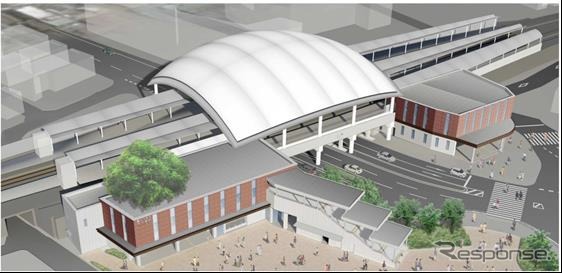 甲子園駅の完成イメージ。ホーム中央部が膜素材を使った大屋根で覆われる。2016年度末完成の予定。