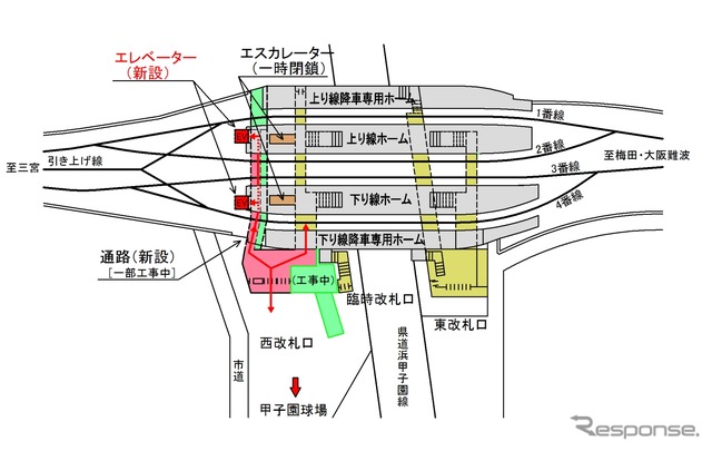 エレベーターの使用が始まる10月26日以降の構内図。エスカレーターはいったん閉鎖、撤去される。