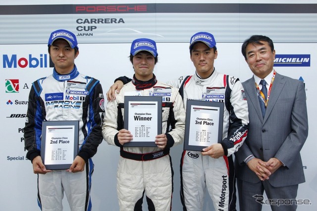 左から、近藤翼選手、川端伸太朗選手、小河諒選手（ポルシェカレラカップ ジャパン 第10戦）