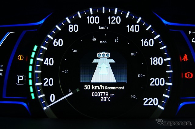 路車間通信で信号の変わるタイミングの情報を取得。速度計にカラーバーを表示し、この速度を維持しているとアクセルを余計に踏み込むことなく、青の状態で通過できる。